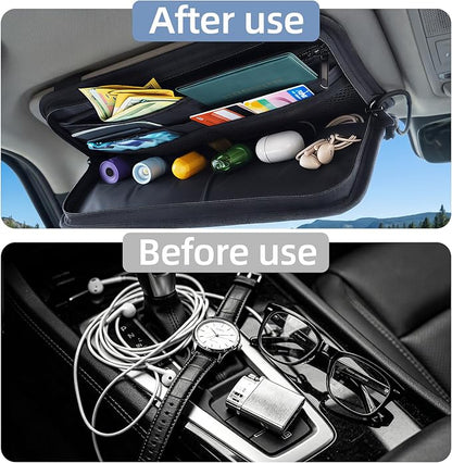 TICARVE Car Sun Visor Organizer, Multi-Pocket Visor Organizer Storage Pouch, Heavy Duty Molle Panel with Double Zippers, Elastic Bands & Glasses Clip, Tactical Storage Pouch for Cars, SUVs, Trucks