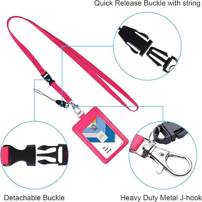 Badge Holder, Wisdompro 2-Sided PU Leather ID Badge Card Holder Wallet Case with 1 Clear ID Window and 1 Credit Card Slot and 22 Inch Quick Rlease Detachable Neck Lanyard Strap - Hot Pink (Vertical)