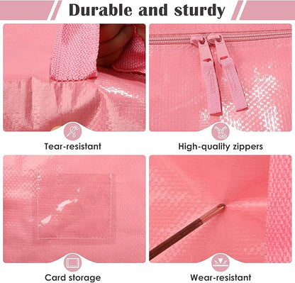 12 Pack Moving Bags with Full-Open Side Zipper, Extra Large 93L Heavy Duty Waterproof Foldable Storage Totes for College Dorm, Moving & Home Organization Pink