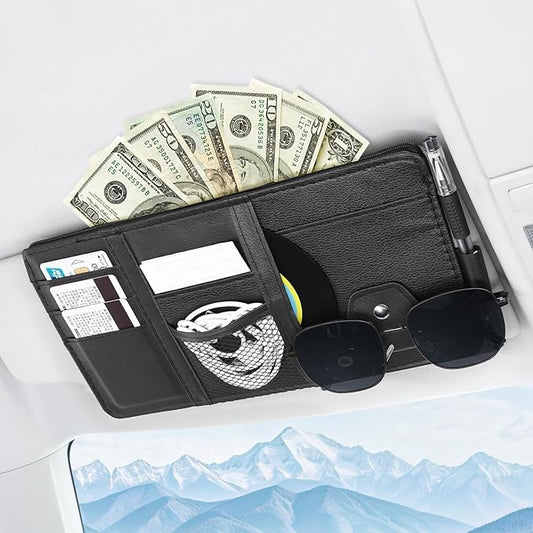 Amiss Car Sun Visor Organizer with Double Zippers, Multi-Pockets for Glasses, Pens, Cards & Documents, Universal Storage Pouch, Fits Most Cars, SUVs and Trucks, Car Interior Accessories (Black)