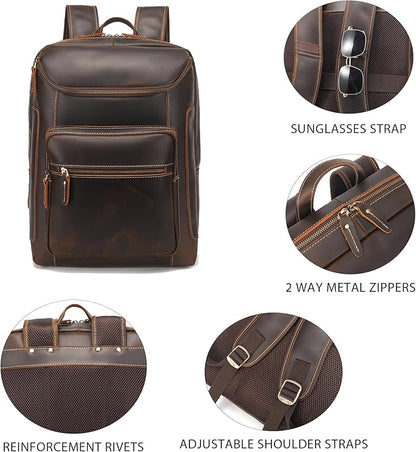 LANNSYNE Full Grain Leather Backpack For Men, 17" Laptop Backpack, Casual Outdoor Business Travel Rucksack, YKK Zippers