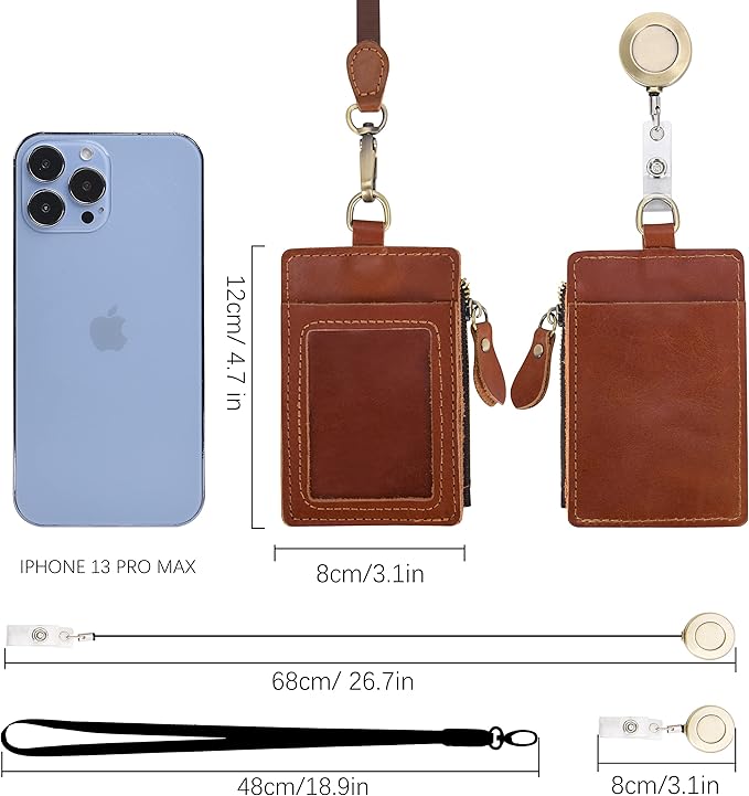Wonderpool Leather ID Badge Holder with Zipper Wallet Pouch - Card Slots Case Detachable Neck Lanyard and Retractable Badge Reel for Office School Hospital Exhibition ID (Red Brown)