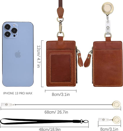 Wonderpool Leather ID Badge Holder with Zipper Wallet Pouch - Card Slots Case Detachable Neck Lanyard and Retractable Badge Reel for Office School Hospital Exhibition ID (Red Brown)