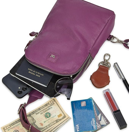 Leather Sling Bag for Women Genuine Crossbody Purse Small Trendy Cross Over Chest with Phone and Credit Card Slots (Amethyst Nappa)