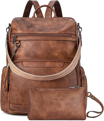 BOSTANTEN PU Leather Laptop Backpack for Women Designer Travel Backpack with Laptop Compartment Ladies Computer Shoulder Bags
