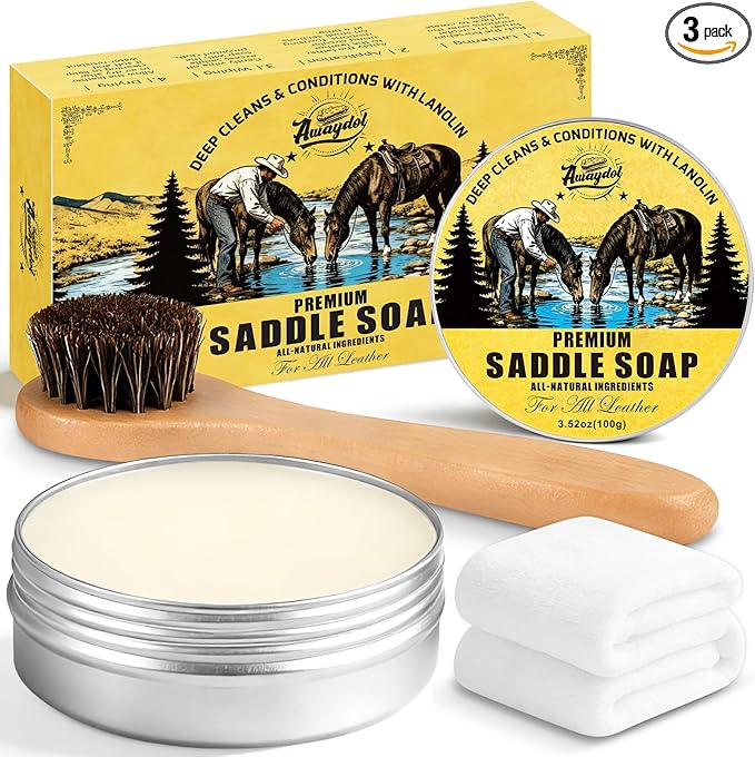 Saddle Soap for Leather 3.52oz,3-in-1 Leather Cleaner & Conditioner to Soften,Protect Leathercraft with Horsehair Brush & Cloth,Leather Soap for Car Interior,Couch,Shoe,Purse,Boot,Bag & Saddle