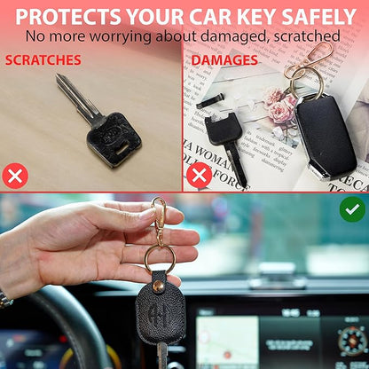 Leather Car Key Fob Cover Sleeve Holder for Broken Keys – Smart Remote Protector Case with Keychain for Men & Women