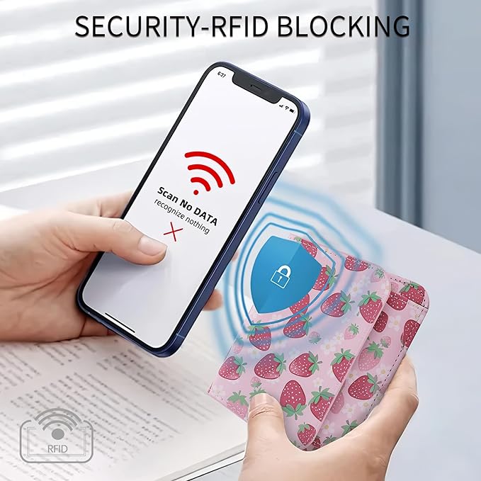 Women Small Wallet RFID Blocking Slim Wallet with Coin Pocket Tri-Fold Credit Card Holder with ID Window and Keychain (Strawberry)