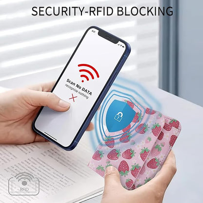Women Small Wallet RFID Blocking Slim Wallet with Coin Pocket Tri-Fold Credit Card Holder with ID Window and Keychain (Strawberry)