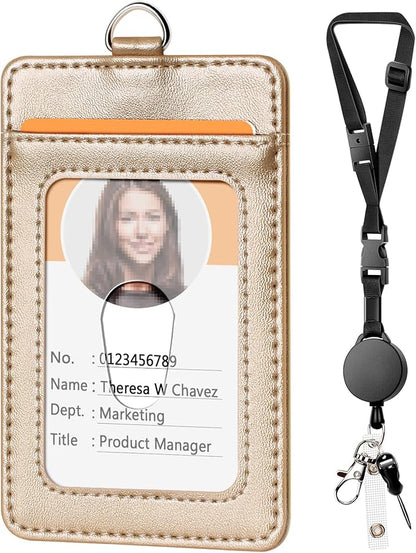 Leather Badge Holder and Adjustable Retractable Lanyards, Quick Release Buckle and Safety Breakaway Lanyards with Swivel Metal Clasp for Offices, Staff, Students, Employees
