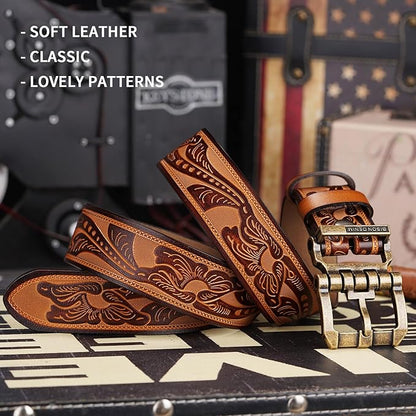 BISON DENIM Men's Genuine Leather Casual Belt, Classic Western Cowboy Dress Belts