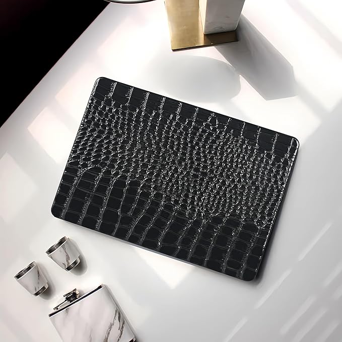 KEROM Compatible for Crocodile MacBook Pro 13 Inch Case 2025-2016 M2 M1 A2338 A2289 A2251 A2159 A1989 A1706 A1708, Textured Aligator Skin Snakeskin PU Leather Hardshell & Keyboard Cover, Shiny Black