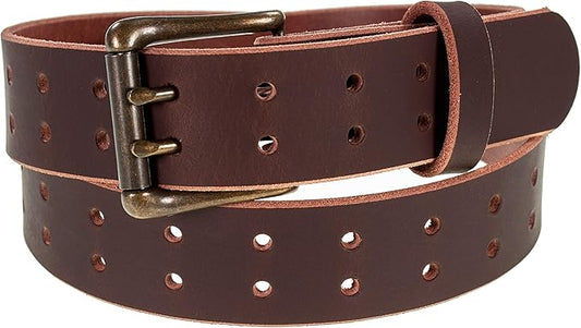 Men’s Classic Leather Belt, Double Prong Retro Style, Antique Brass Buckle, 1 ½” Width, Amish handmade in the USA