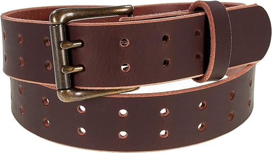 Men’s Classic Leather Belt, Double Prong Retro Style, Antique Brass Buckle, 1 ½” Width, Amish handmade in the USA