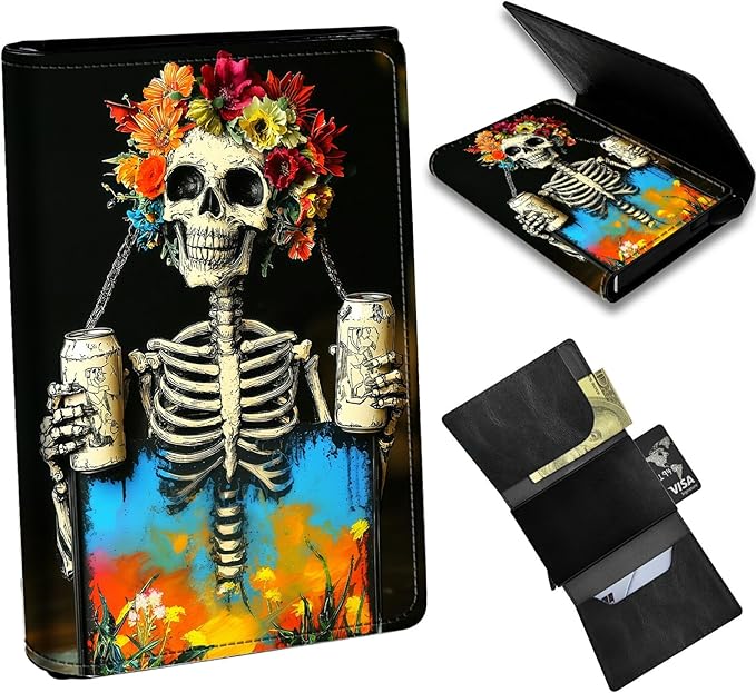 Minimalist Wallet for Men's Card Holders, Pop-Up Card Case Durable Wallets for Women, Leather Automatic Credit Card Holder with Metal Money Clip RFID Blocking Bifold Pocket, Watercolour Skull