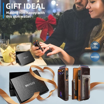miyozi Wallet for Men, Magnetic Minimalist Slim Wallet with Pop Up Card Holder, 9 Cards RFID Blocking Metal Credit Card Case, Leather Wrapped Money Clip, ID Window & Small Item Slot, Gift Boxed