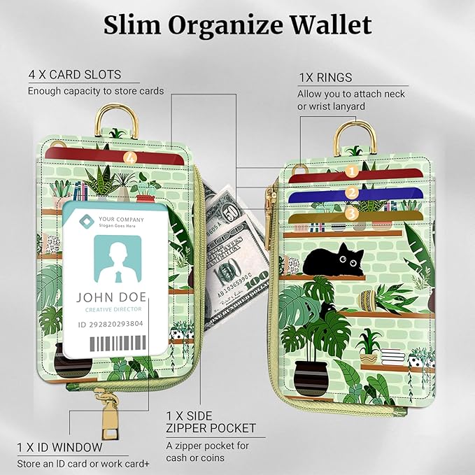 2-in-1 ID Badge Holder & Lanyard Wallet,Multi Use Womens Small Wallet with Zipper Pocket for Women Men with Wristlet and Neck Lanyard 5 Card Slots Work Essential (Cat Shelf)
