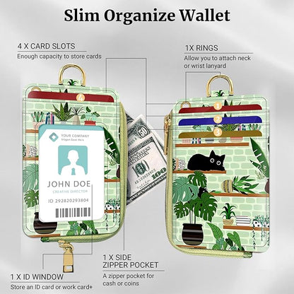2-in-1 ID Badge Holder & Lanyard Wallet,Multi Use Womens Small Wallet with Zipper Pocket for Women Men with Wristlet and Neck Lanyard 5 Card Slots Work Essential (Cat Shelf)