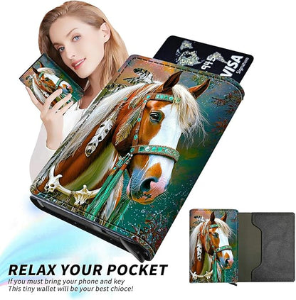 Minimalist Wallet for Men's Card Holders, Pop-Up Card Case Durable Wallets for Women, Leather Automatic Credit Card Holder with Metal Money Clip RFID Blocking Bifold Pocket, Feathered Horse