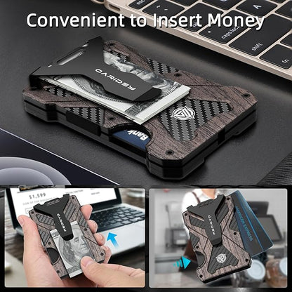 Minimalist Wallet for Men- Slim Aluminum Metal Money Clip Wallet with Clear ID Card Holder, Carbon Fiber Wallet, RFID Blocking,Holds up 15 Cards with Cash Clip,Ultra-Thin Tactical Wallet - Walnut Wood