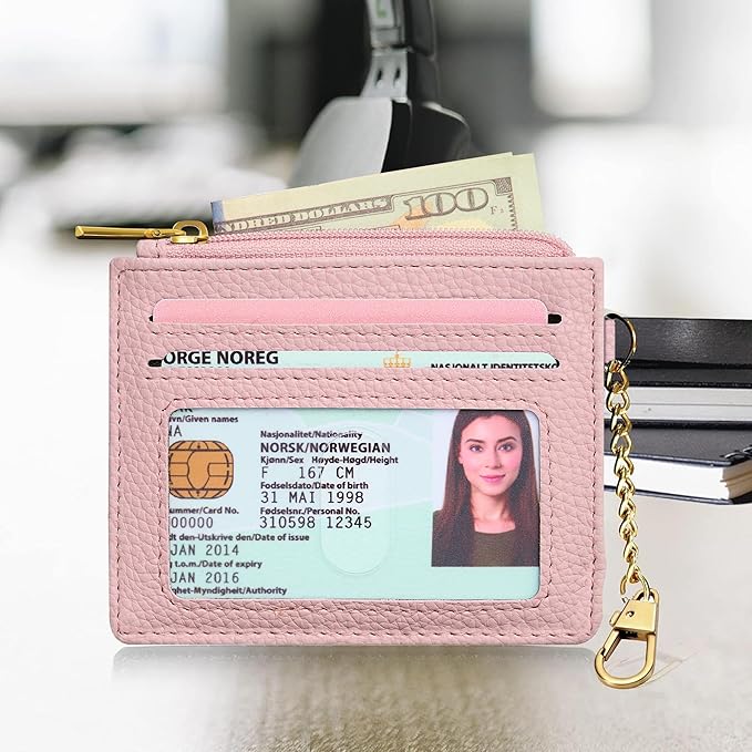SEAVILIA Card Holder Keychain Wallet for Women with ID Window RFID Blocking Coin Purse Bee Gifts Slim Minimalist Small PU Leather