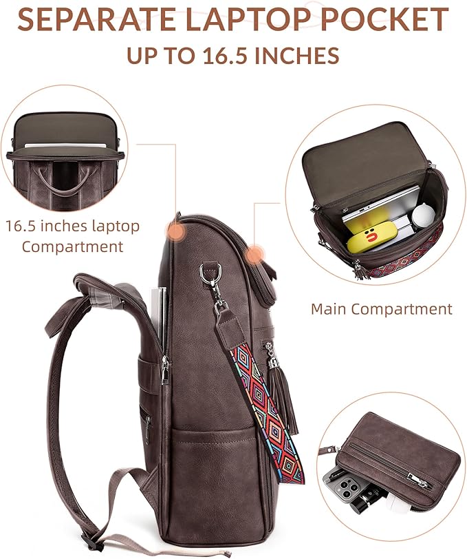 SYTRAH Leather Laptop Backpack for Women Designer Laptop Bag, 16.5 inch Travel Computer Backpacks Purse with Tassel for Work Business with Satchel Purse Dark Coffee