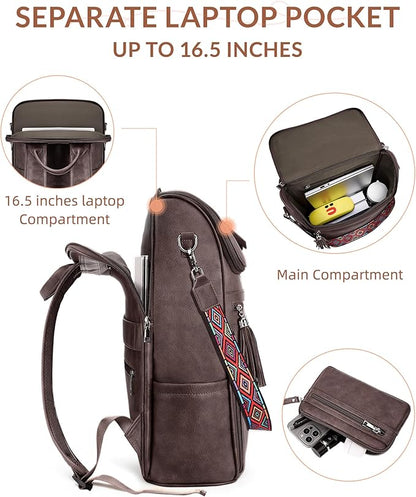 SYTRAH Leather Laptop Backpack for Women Designer Laptop Bag, 16.5 inch Travel Computer Backpacks Purse with Tassel for Work Business with Satchel Purse Dark Coffee