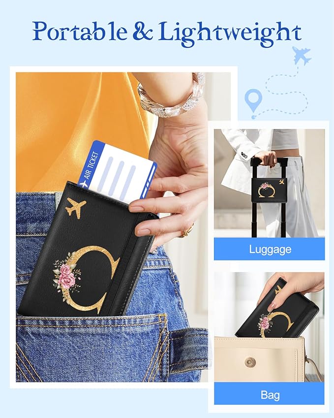 Slohif Initial Passport Holder Cover Wallet Case for Travel Women - Leather Letter Passport Book Family Multiple Personalized Organizer Card Slots Protector Sleeve Essentials Slim Carrier Black C