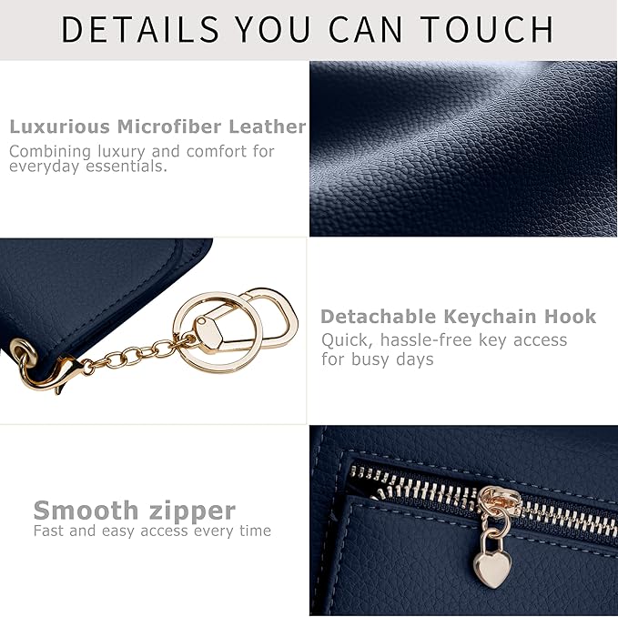 Women Small Wallet RFID Blocking Slim Wallet with Coin Pocket Tri-Fold Credit Card Holder with ID Window and Keychain(Navy Blue)