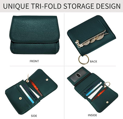 Women Small Wallet RFID Blocking Slim Wallet with Coin Pocket Tri-Fold Credit Card Holder with ID Window and Keychain (Dark Green)