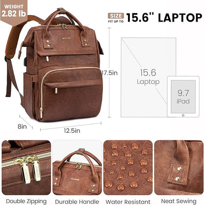 LOVEVOOK Leather Laptop Backpack for Women 17 inch, Travel Backpack Purse, Professional College Business Work Bag with USB Port, Red Brown