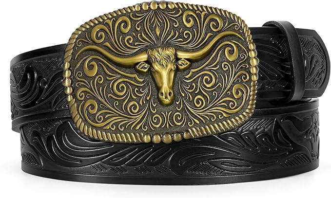TRIWORKS Western Belt for Men Women Cowboy Engraved Belt Western Buckle Embossed Leather Belt