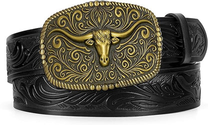 TRIWORKS Western Belt for Men Women Cowboy Engraved Belt Western Buckle Embossed Leather Belt