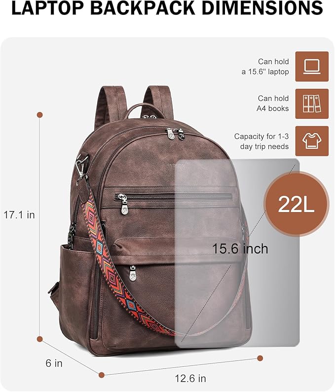 FADEON 15.6 inch Laptop Backpack Purse for Women Designer PU Leather Computer Backpacks Fashion for Work Travel Coffee Brown