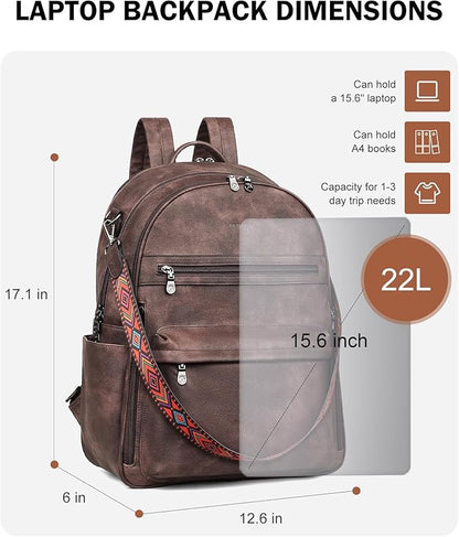 FADEON 15.6 inch Laptop Backpack Purse for Women Designer PU Leather Computer Backpacks Fashion for Work Travel Coffee Brown