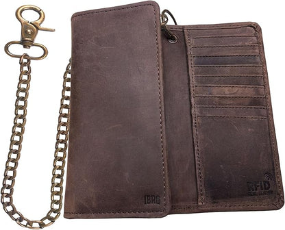 IBRO VINTAGE Motorcycle Chain Wallet for Men – Premium Cowhide Leather, RFID Tri-Fold Biker Wallet with Heavy Duty Chain for Bikers Truckers & Hunters, Credit Card Money Organizer Long Wallet | Long Trifold, RFID Blocking, Men's, Trucker Biker