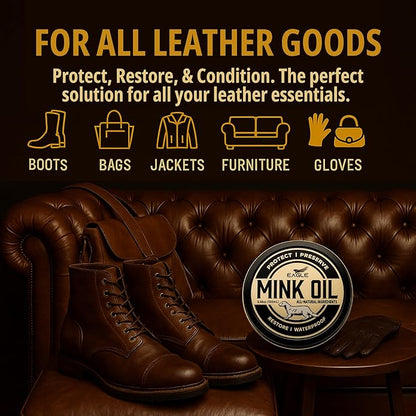 4-in-1 Mink Oil Leather Conditioner Kit – 3.52oz Waterproof Paste with Horsehair Brush, Sponge & Microfiber Cloth – Leather Cleaner & Protector for Boots, Shoes, Jackets, Saddles & Bags