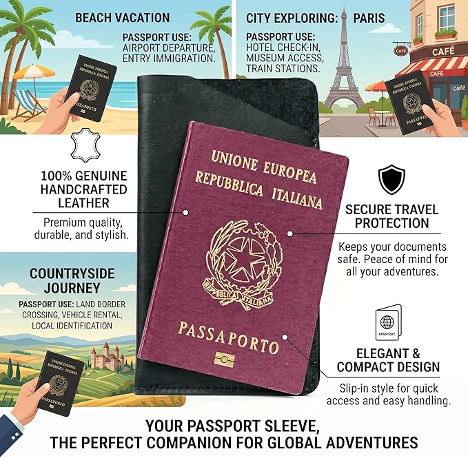 100% Leather Passport Case Premiun Travel Passaport Cover ande Slim Wallet Holder (BLACK)