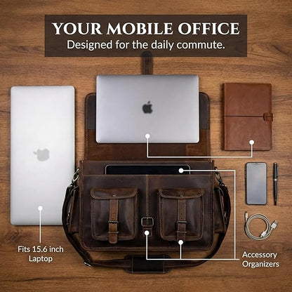 cuero Leather Messenger Bag for Men, 16 Inch Laptop Crossbody, Vintage Handmade Leather Shoulder Satchel Bag for Men, Full Grain Business Briefcase for Office/Work/Travel - Brown