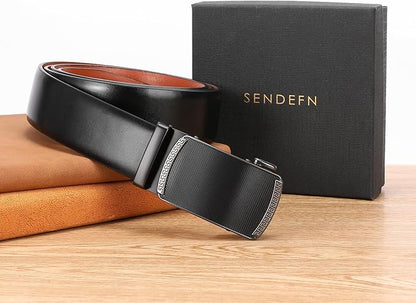 SENDEFN Men's Leather Belt - Automatic Ratchet Slide Buckle, Easy Trim-to-Fit Function, Packaged with Gift Box