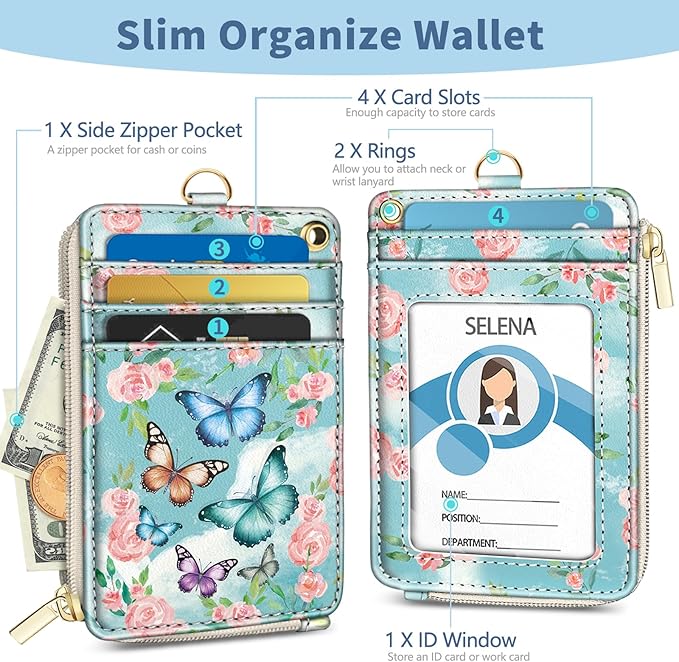 Lanyard Wallet with Id Badge Holder, Butterfly RFID Small Keychain Wallet Women Wristlet, Cute Zipper Credit Card Holder Phone Wrist Neck Strap for Key Name Tag, Teacher Student Office Gifts