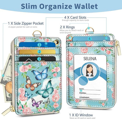 Lanyard Wallet with Id Badge Holder, Butterfly RFID Small Keychain Wallet Women Wristlet, Cute Zipper Credit Card Holder Phone Wrist Neck Strap for Key Name Tag, Teacher Student Office Gifts