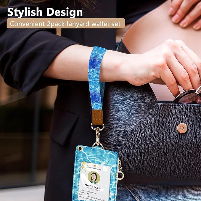 bolimoss Sea Turtle ID Badge Holder & Lanyard Wallet, Cute Leather Credit Card Holders with Removable Wristlet & Neck Lanyard, ID Name Badg 5 Card Slots Zipper Purses for Women Teacher