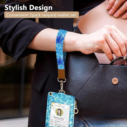 bolimoss Sea Turtle ID Badge Holder & Lanyard Wallet, Cute Leather Credit Card Holders with Removable Wristlet & Neck Lanyard, ID Name Badg 5 Card Slots Zipper Purses for Women Teacher