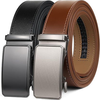 2 Pack Ratchet Belt 1 3/8", Mens leather Dress Belt in Gift Set Size 28"-62" Adjustable waist Trim to Fit