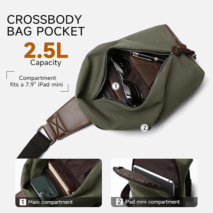 MOYYI Canvas Sling Bag Small Crossbody Bag for Men & Women, 2.5L Mini Casual Daypack Shoulder Bag, 2.5L Capacity (Green)