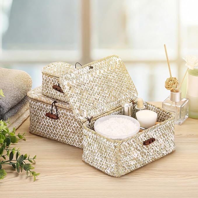 Hipiwe Wicker Shelf Basket Mini Seagrass Basket with Lid Key Holder Box for Entry Tabletop Desk Organizer Home Decor, Whitewash 6.1" x 4" x 3.3"