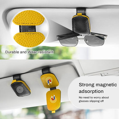 SINGARO Sunglasses Holder for Car, Leather Magnetic Buckle Sun Visor Sunglass Clip, Ticket Card Storage Glasses Clip, Car Interior Accessories for Men and Women（Black-Yellow）