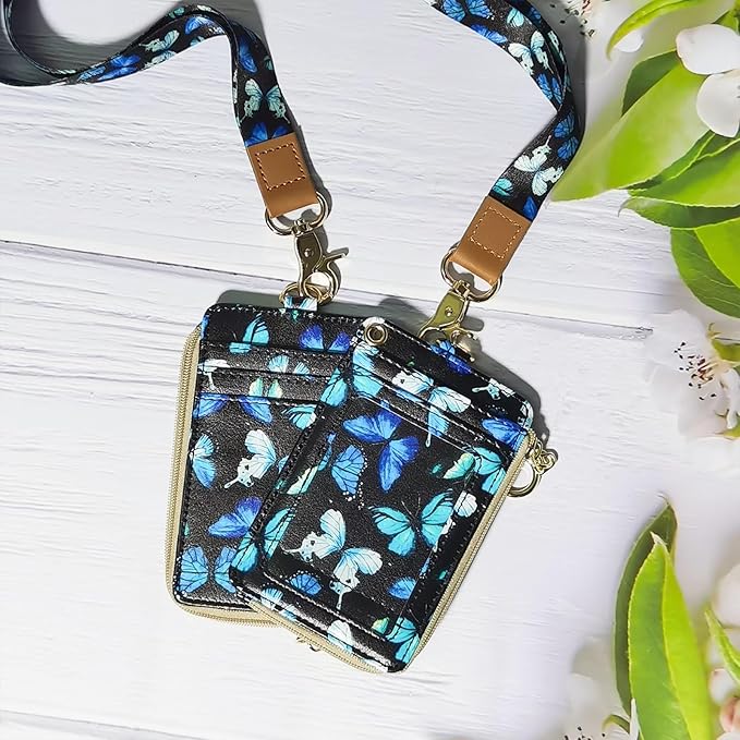 bolimoss Butterfly Badge Holder with Zipper Pocket, Cute Women Lanyard for ID Badge,Pu Leather ID Badge Holder with Wristle Lanyard Keychain for Teacher,Student, Worker,Nurer
