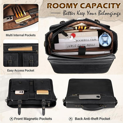RAINSMORE Messenger Bag for Men 15.6 Inch Vintage Leather Laptop Briefcase Large Laptop Bag Waterproof Satchel Bag Computer Shoulder Bag for Office Work Travel College, Black